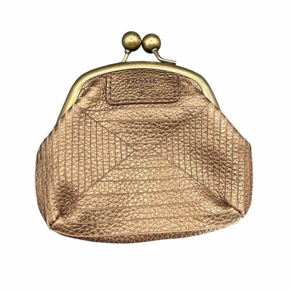 Fossil Metallic Leather Kiss Lock Coin Purse Wallet Brass Frame - Picture 11 of 12
